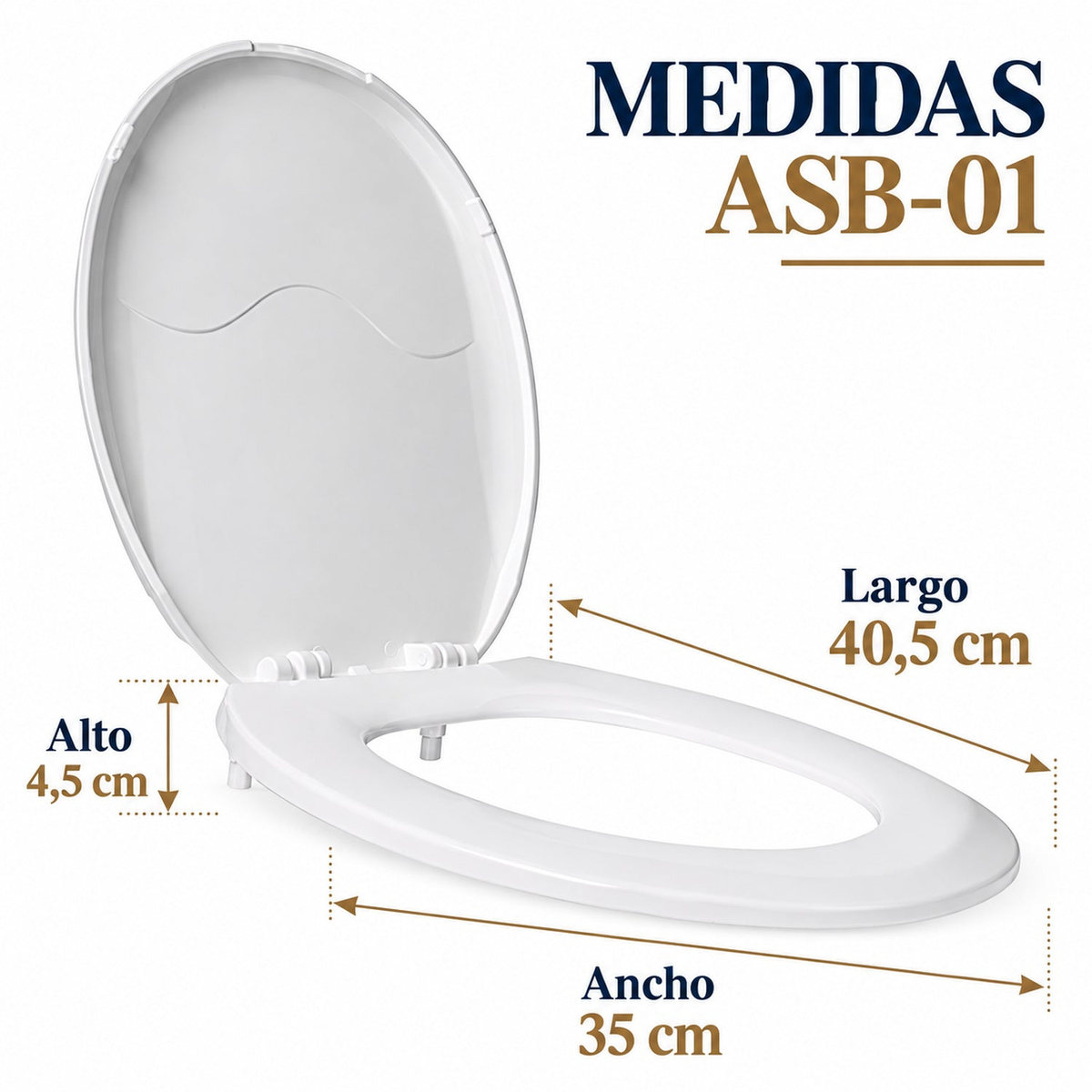 Medidas del asiento ASB-01: largo 40,5 cm, ancho 35 cm y alto 4,5 cm