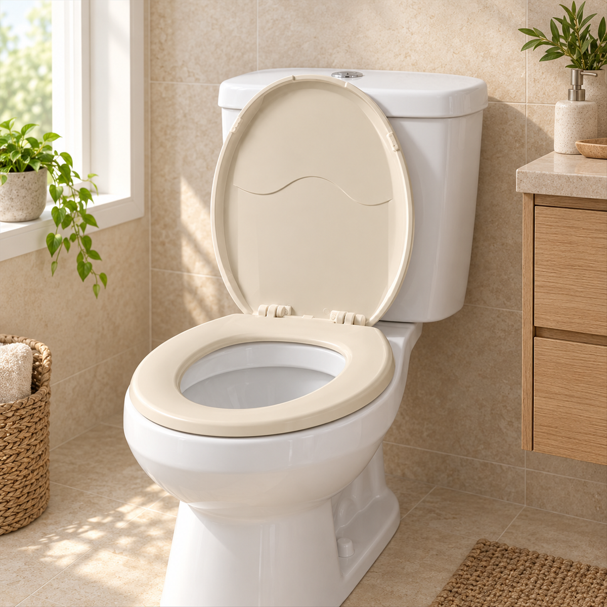 Asiento sanitario redondo beige instalado en un baño