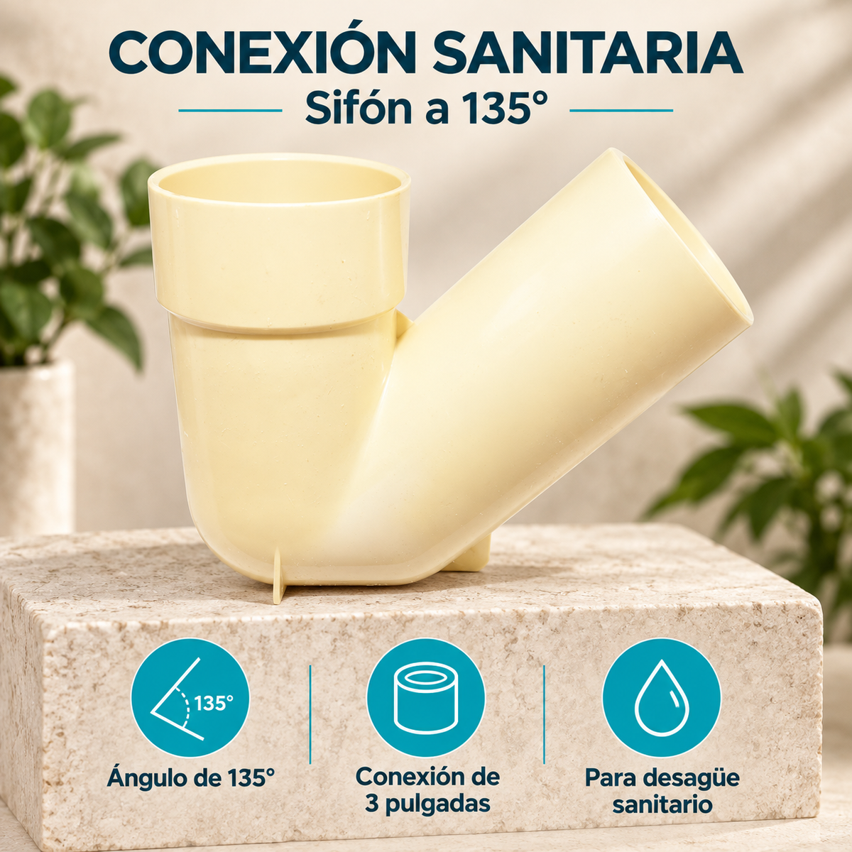 Características de Sifón sanitario de PVC a 135° con conexión de 3 pulgadas