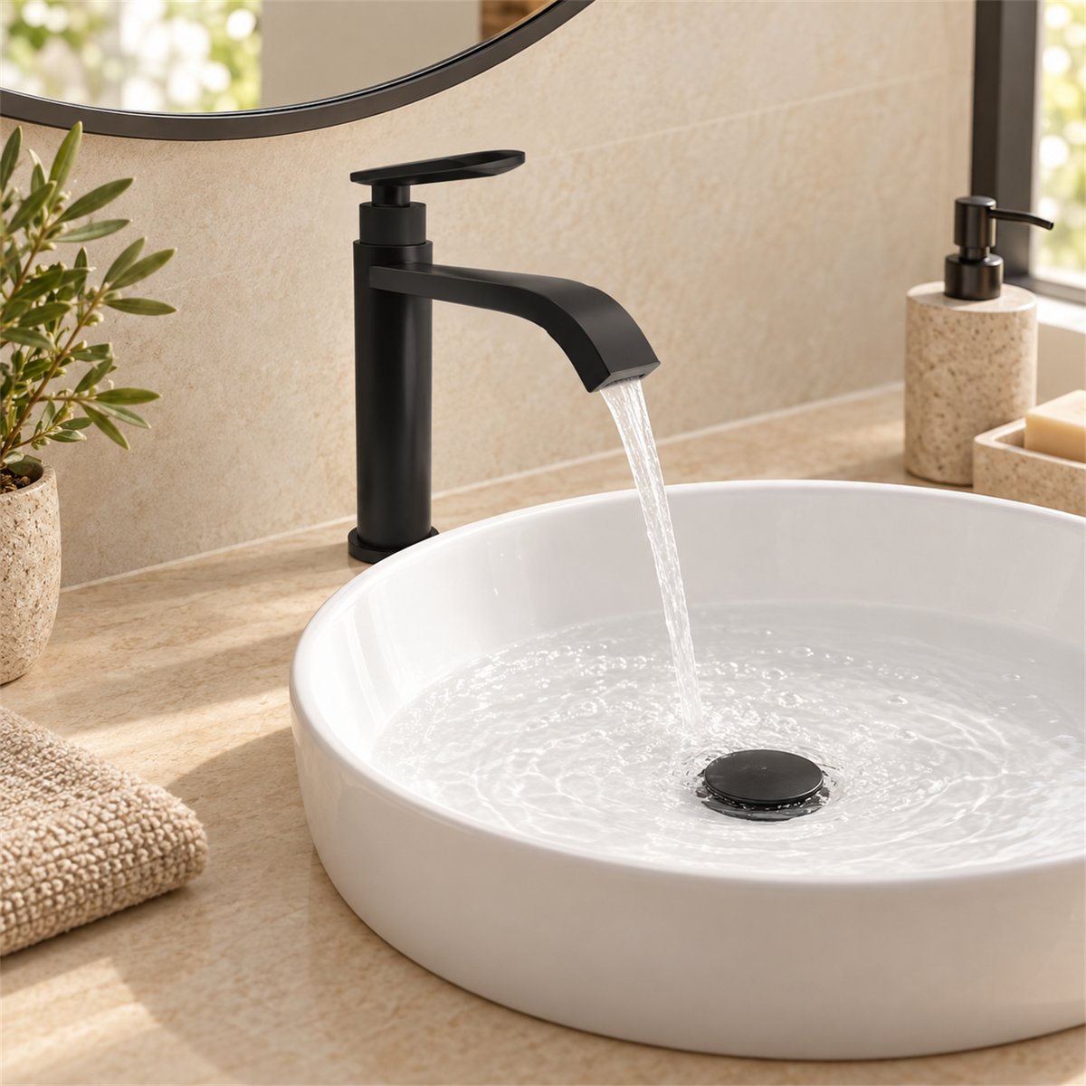 Llave negra para lavamanos instalada en baño con desagüe a juego