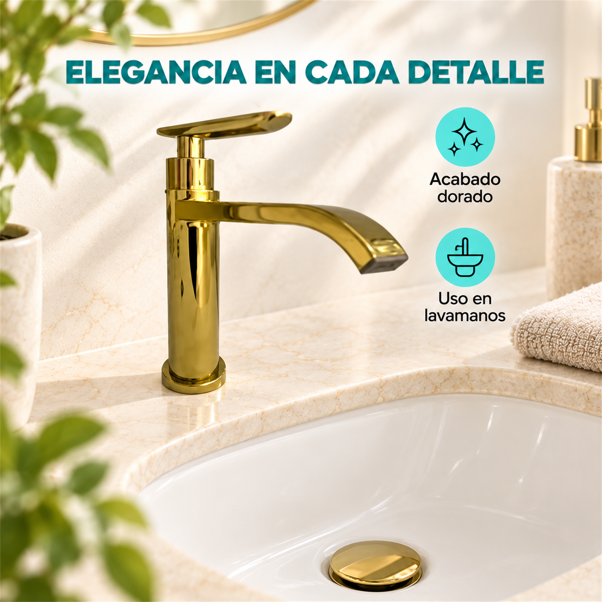 Detalle comercial de llave dorada para lavamanos