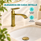 Detalle comercial de llave dorada para lavamanos