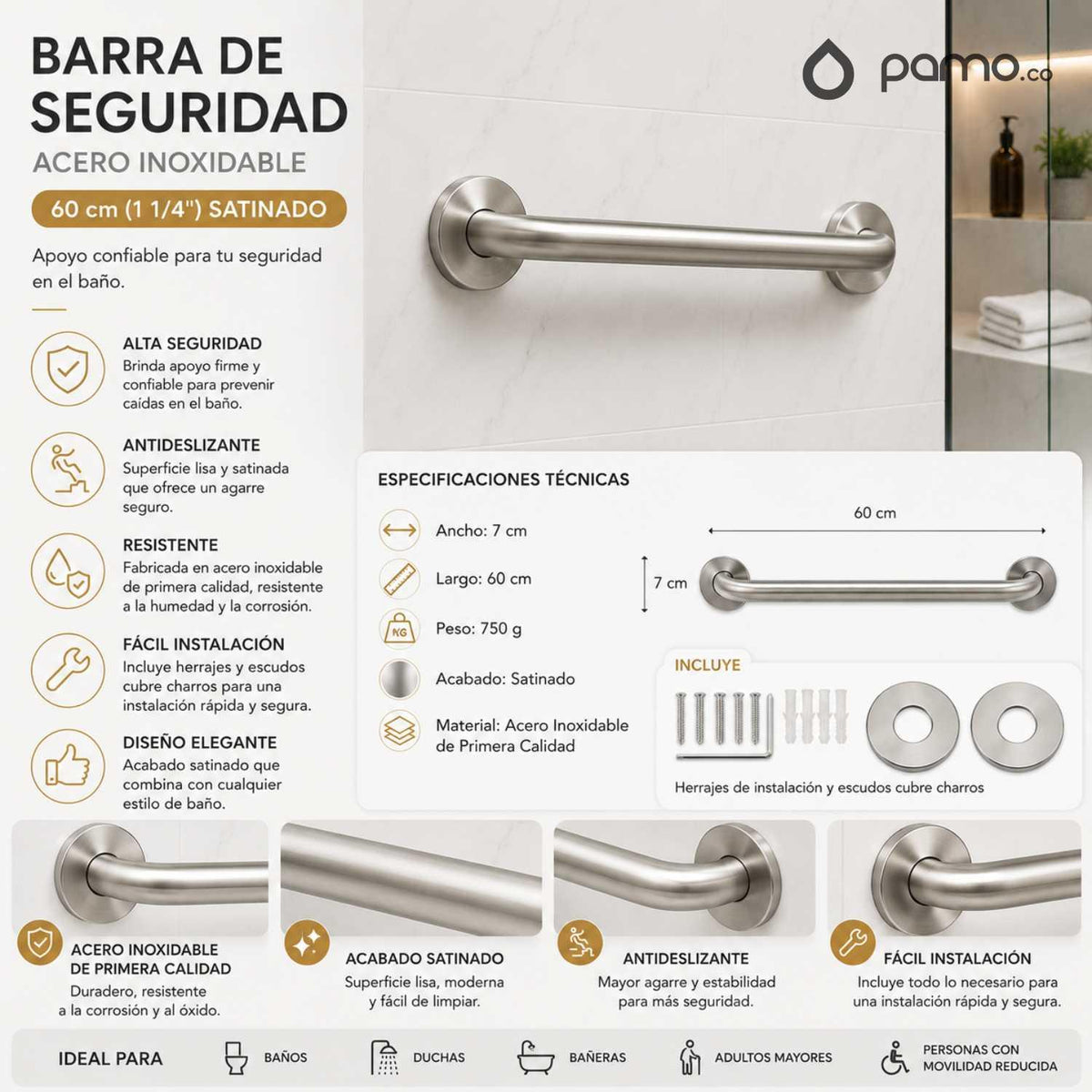 Barra de Seguridad en Acero Inoxidable 304 de 60 cm - imagen 2