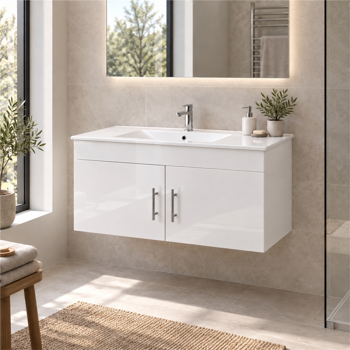 Combo de baño blanco con mueble flotante de dos puertas instalado