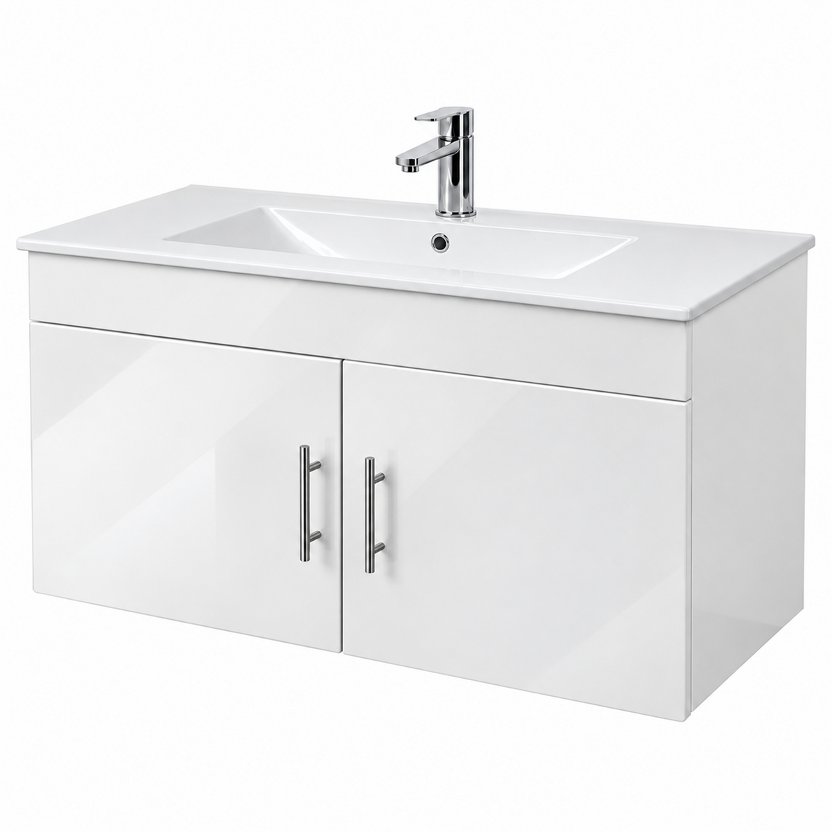 Combo de baño blanco con mueble de dos puertas, lavamanos y grifería sobre fondo blanco
