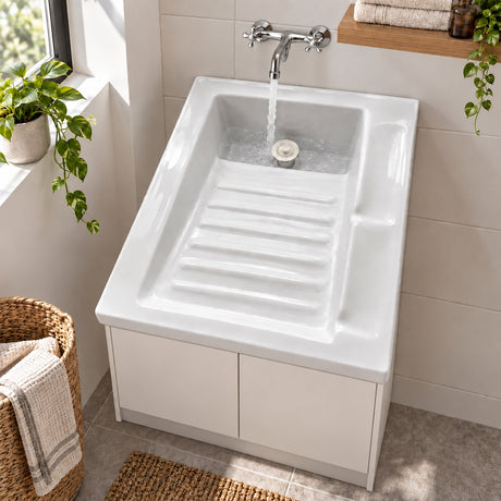 Lavadero Cerámico Blanco Con Tabla De Lavar 60 X 48 Cm