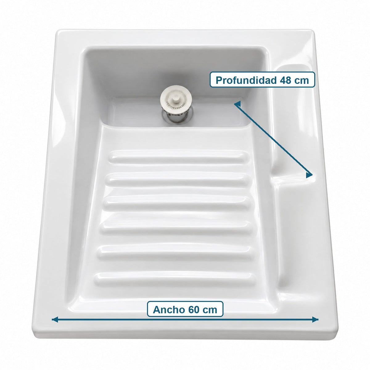 Lavadero Cerámico Blanco Con Tabla De Lavar 60 X 48 Cm - medidas del producto
