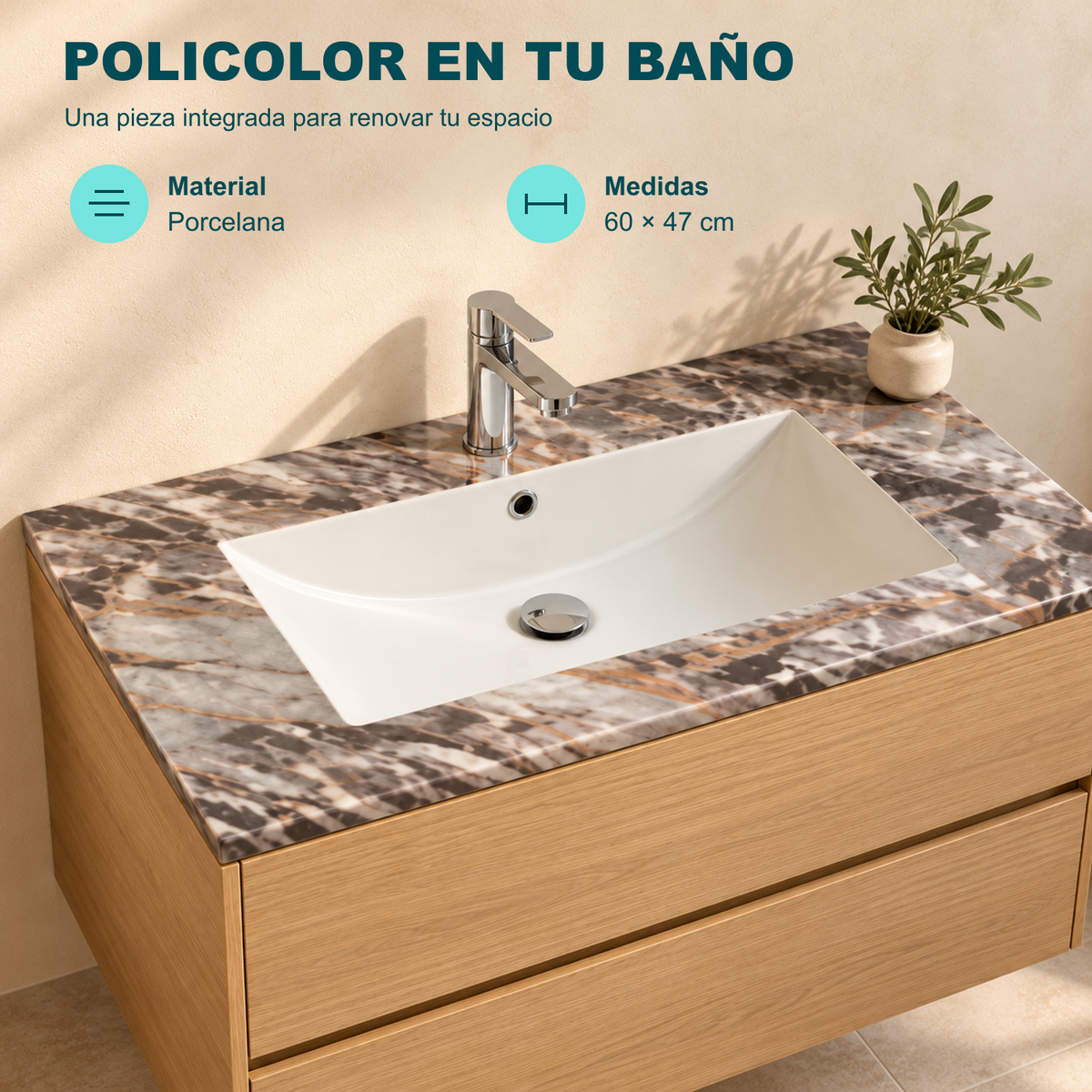 Lavamanos integrado: porcelana policolor y medidas de 60 × 47 cm