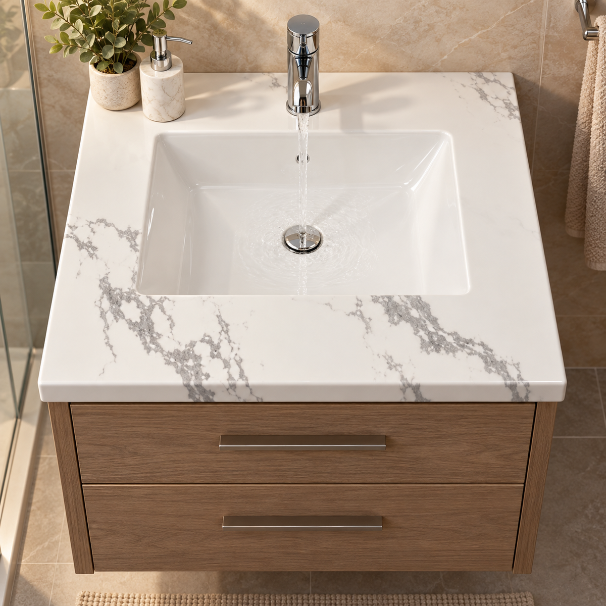 Lavamanos integrado de porcelana Carrara 50 × 40 cm ambientado