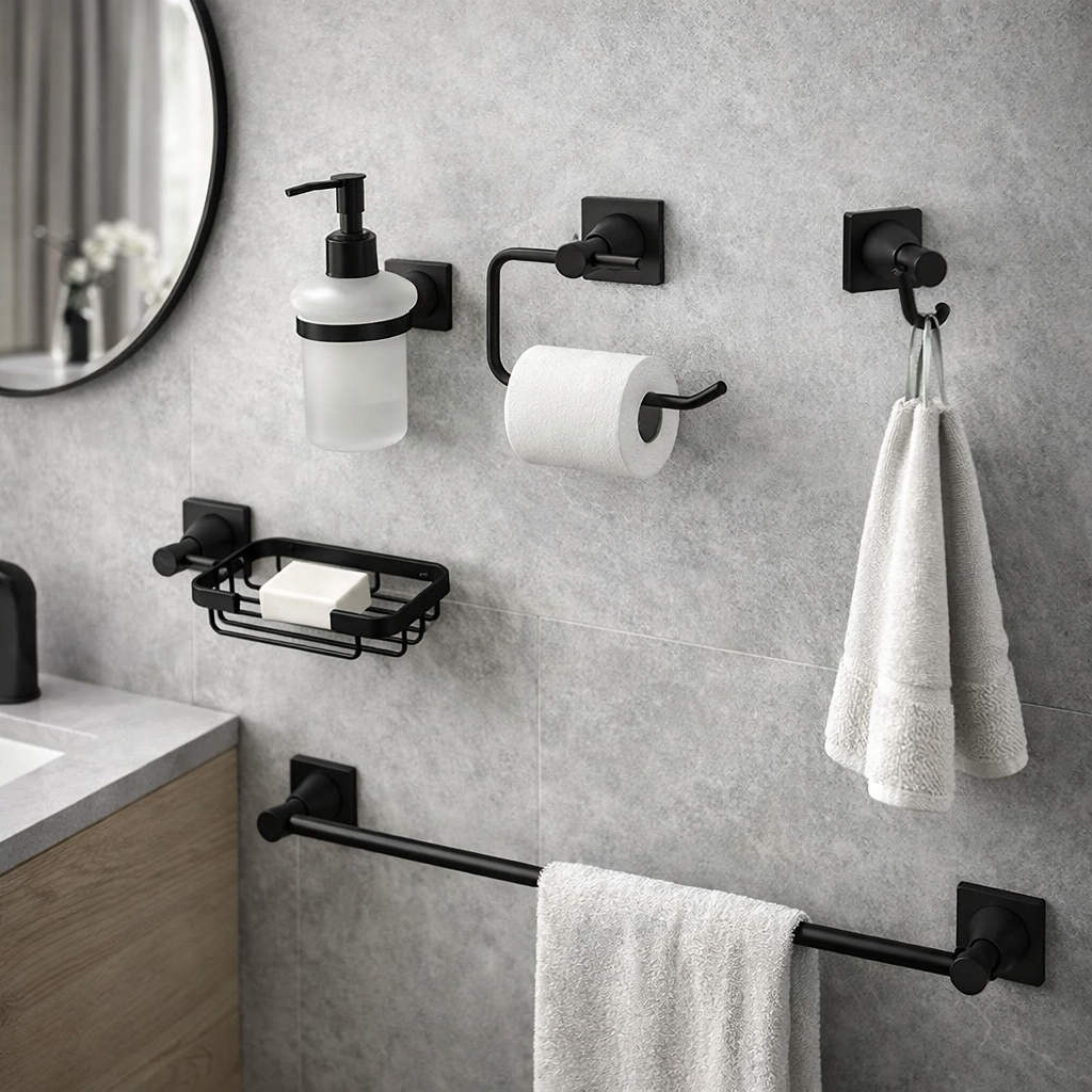 Juego de Accesorios de Baño Xcaret 6 Piezas Negro | Set Completo para Baño Moderno y Elegante