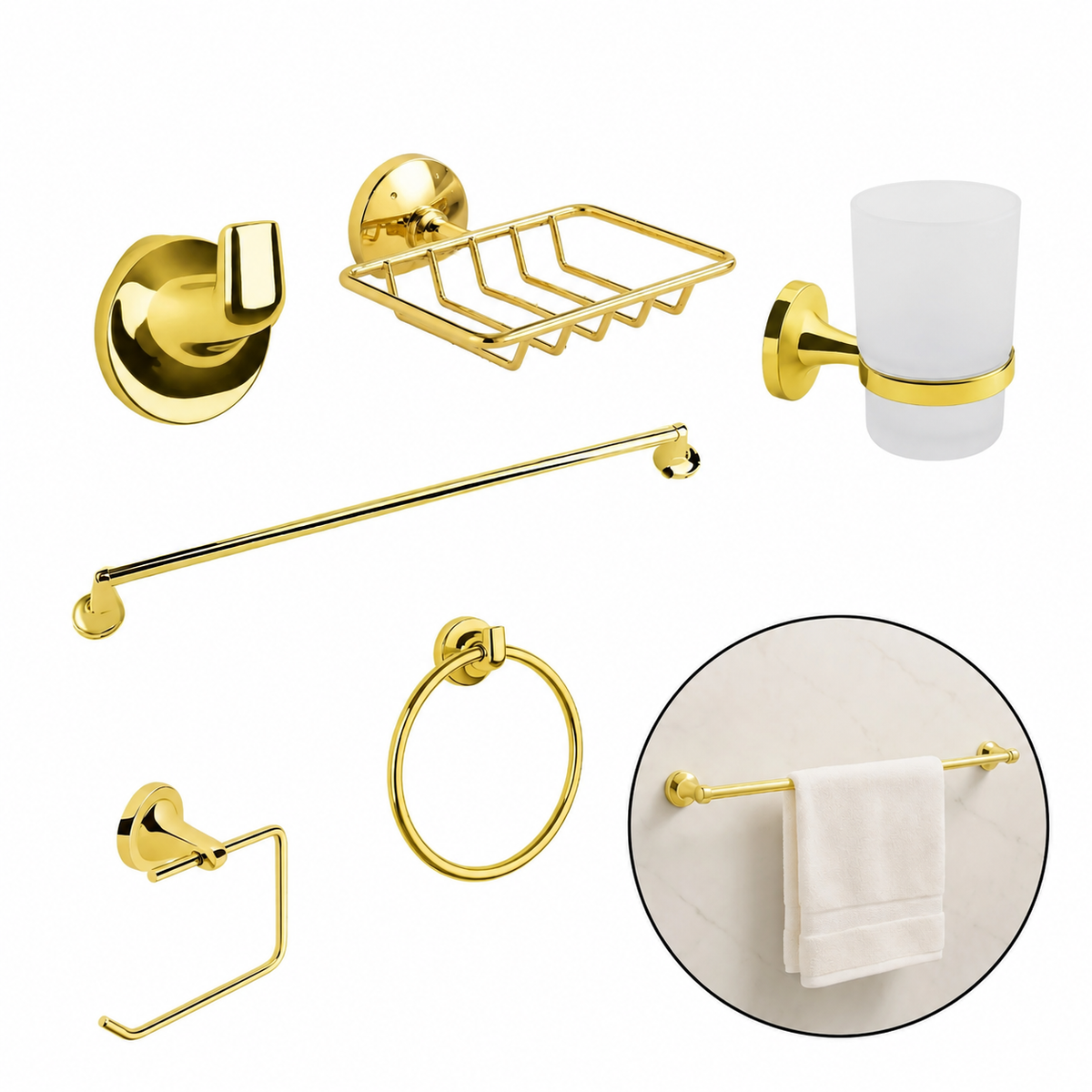 Set Accesorios Baño Metálico Dorado 6 Piezas Instalación Pared