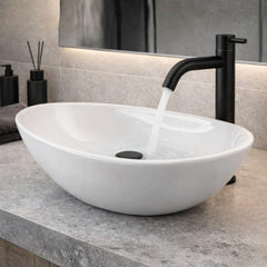 Combo Lavamanos Canoa Blanco 41x33 + Llave Alta Negra 30 cm + Sifón Push Negro | Kit Completo Baño Moderno