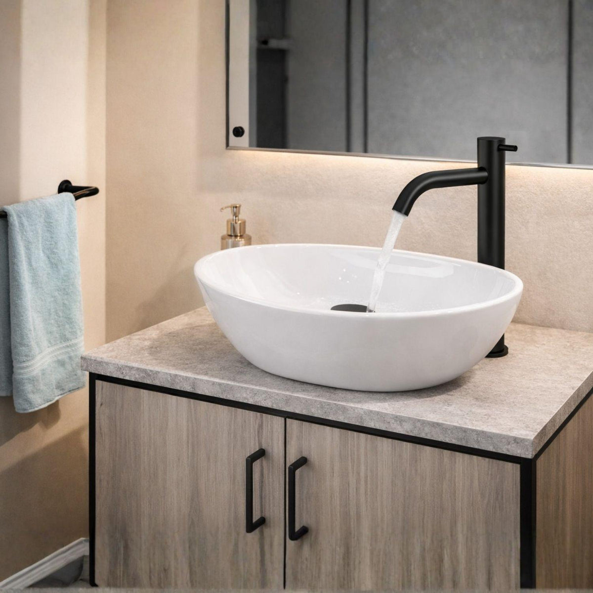 Combo Lavamanos Canoa Blanco 41x33 + Llave Alta Negra 30 cm + Sifón Push Negro | Kit Completo Baño Moderno