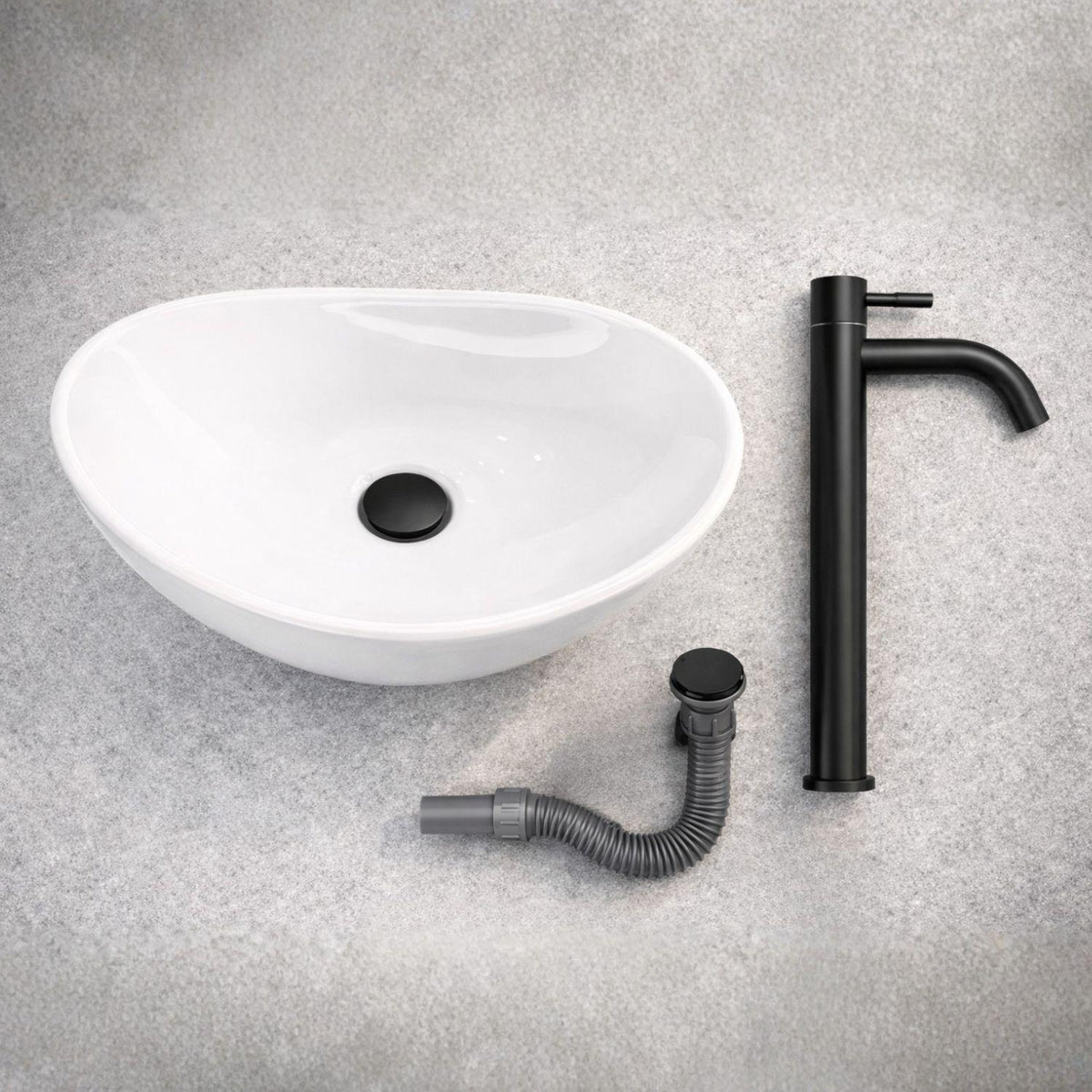 Combo Lavamanos Canoa Blanco 41x33 + Llave Alta Negra 30 cm + Sifón Push Negro | Kit Completo Baño Moderno