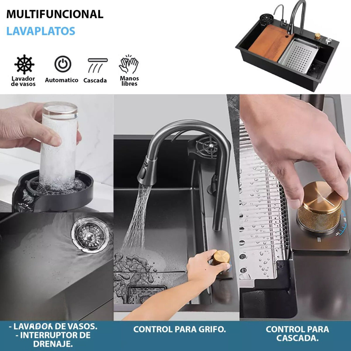 Lavaplatos Inteligente Lujo Doble Poceta Negro - 85x48 cm en Acero Inoxidable 304