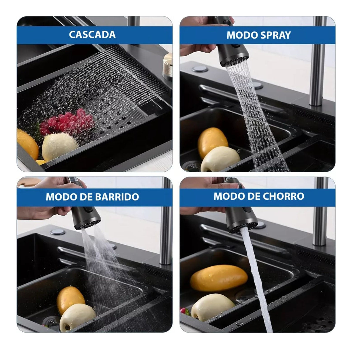 Lavaplatos Inteligente Lujo Doble Poceta Negro - 85x48 cm en Acero Inoxidable 304