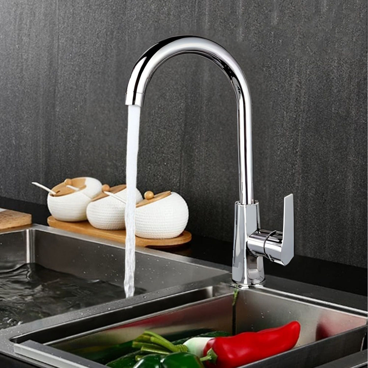 Grifería Monocontrol para Lavaplatos Cromada Metálica, Cuello Cisne - Cocina