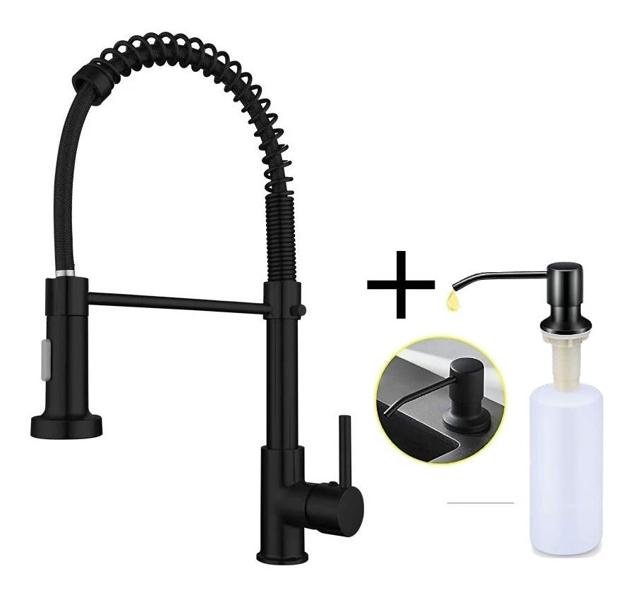 Griferia Lavaplatos Espiral Negro Cabezal Móvil +dispensador