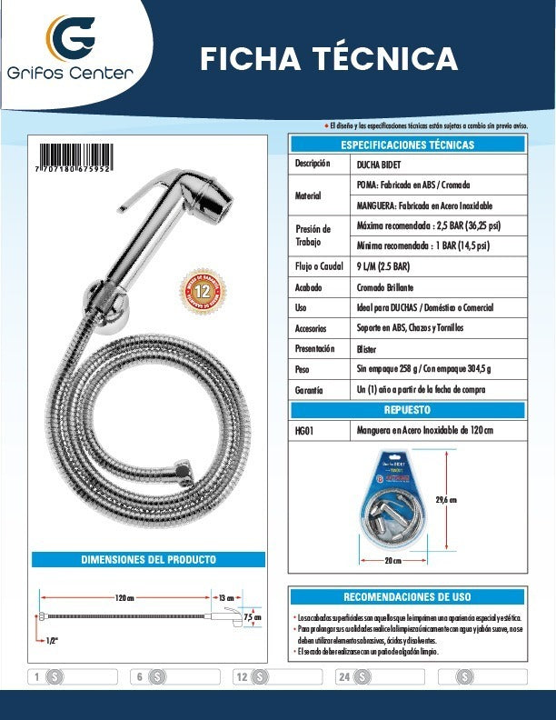 Ducha Bidet Abs Cromada Con Manguera