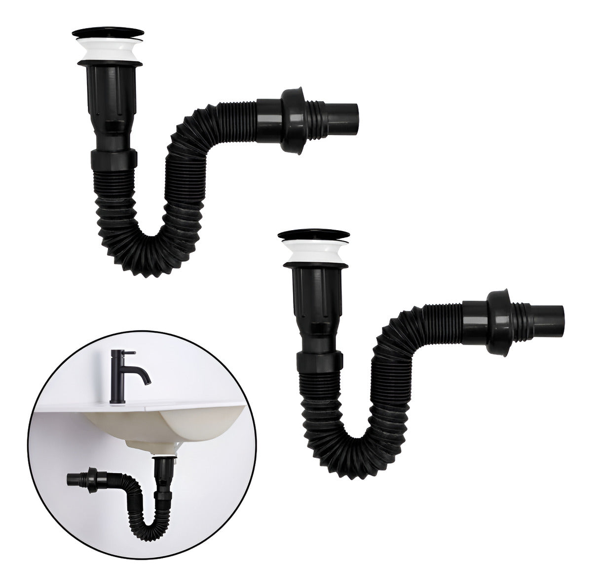 Set X 2 Desague Sifon Push Negro Corrugado Orientable
