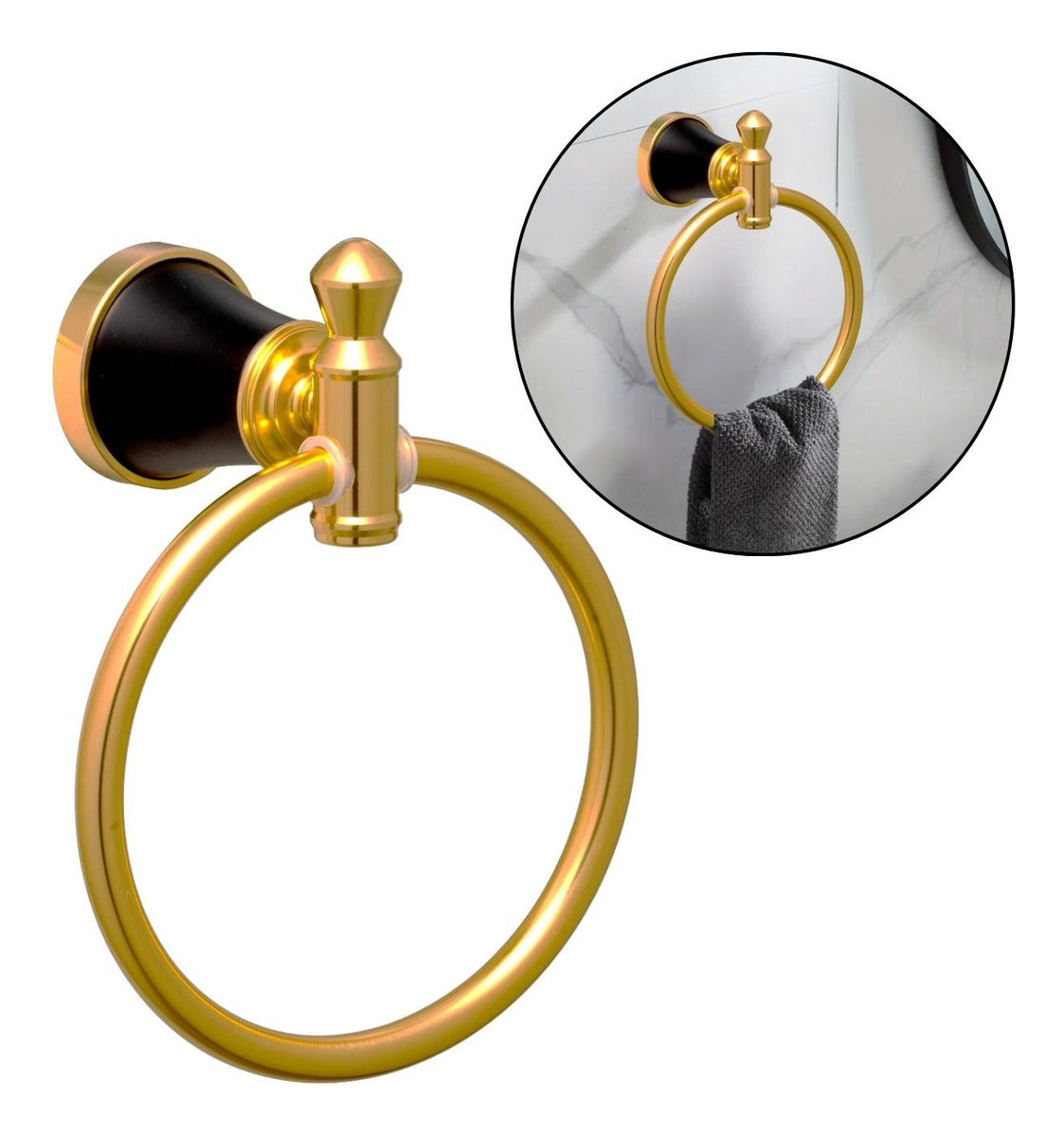Toallero de Manos Tipo Aro Negro/Dorado, Línea Diamante, Aluminio Inoxidable