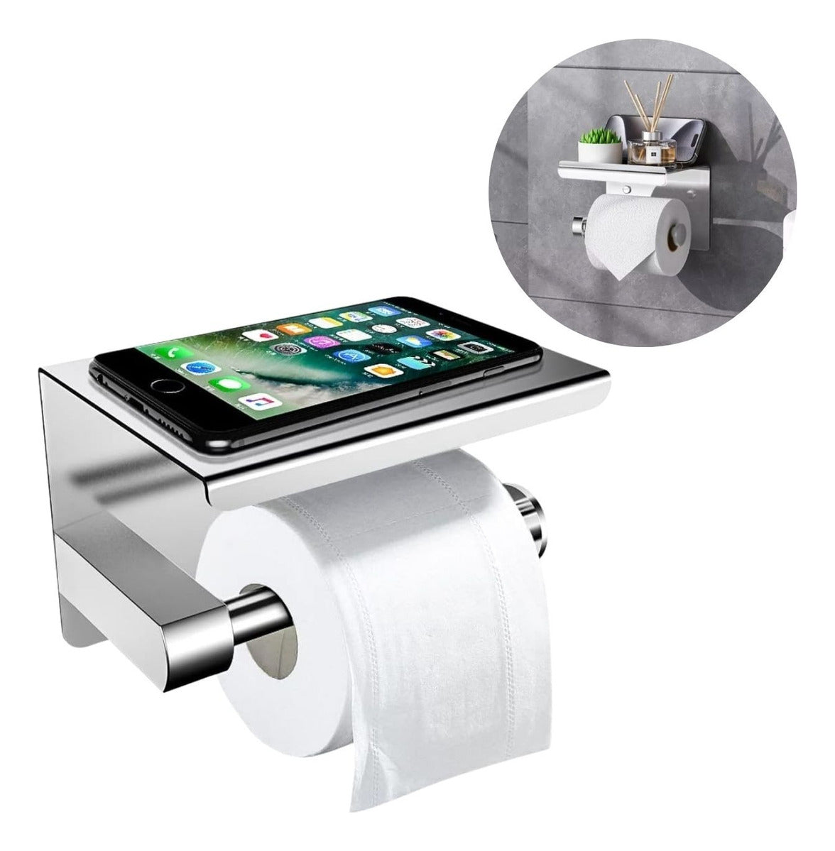 Porta Rollo con Soporte para Celular - Cromado en Acero Inoxidable SUS 304