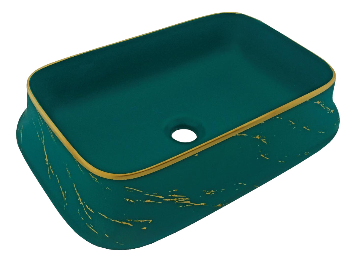 Lavamanos De Sobreponer Rectangular Marfil - Verde Con Dorado 46 x 33 x 14 cm