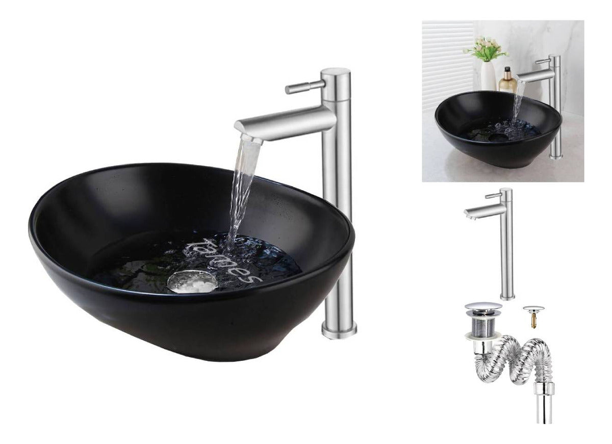 Kit Lavamanos Negro Sobreponer Griferia Satinada Desague