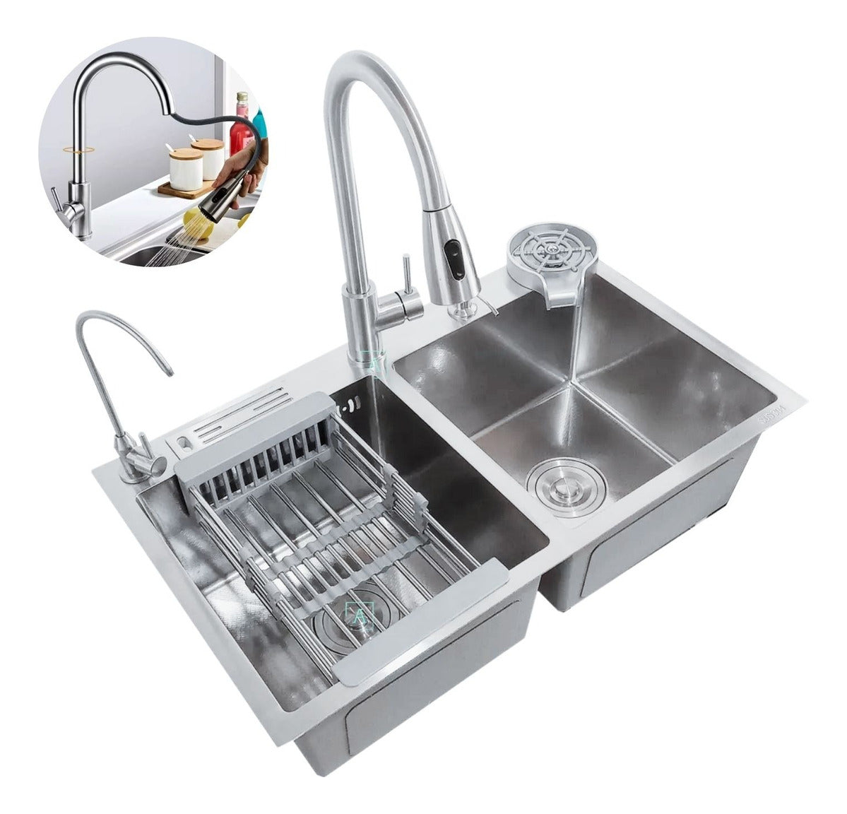 Set Lavaplatos Inteligente Doble Lujo en Acero Inoxidable 304 - 75x45 cm