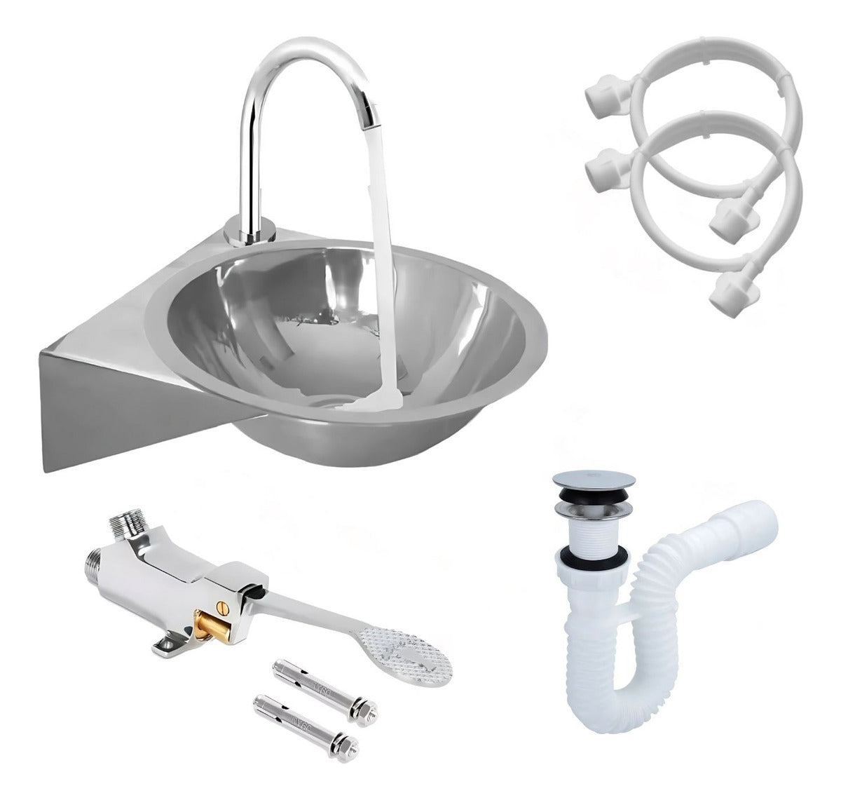 Set Grifería Pedal Manos Libres con Lavamanos de Acero 26x24 cm