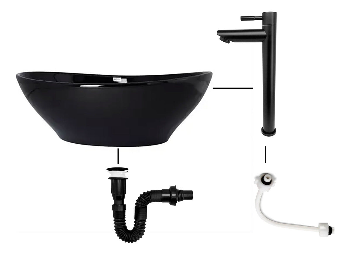 Combo Lavamanos Canoa Negro + Griferia Agua Fria+ Push Negro Negro Brillante