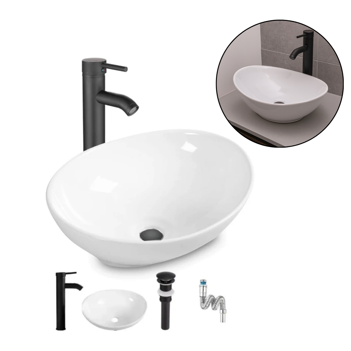 Kit Completo Lavamanos Blanco Canoa- Desagüe -griferia Negra