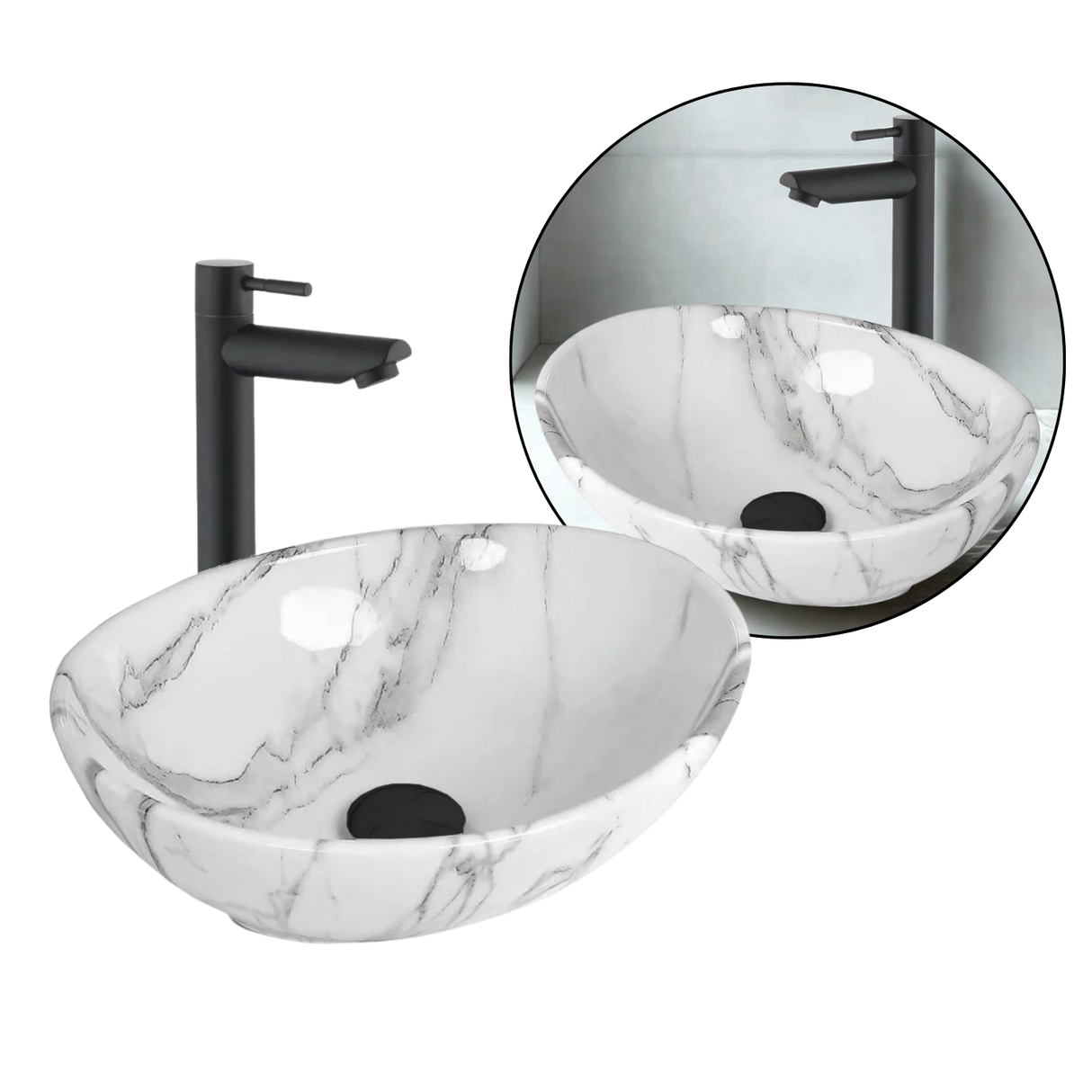 Kit Completo Lavabo Venato Oval-sifón -grifo Negro Agua Fría