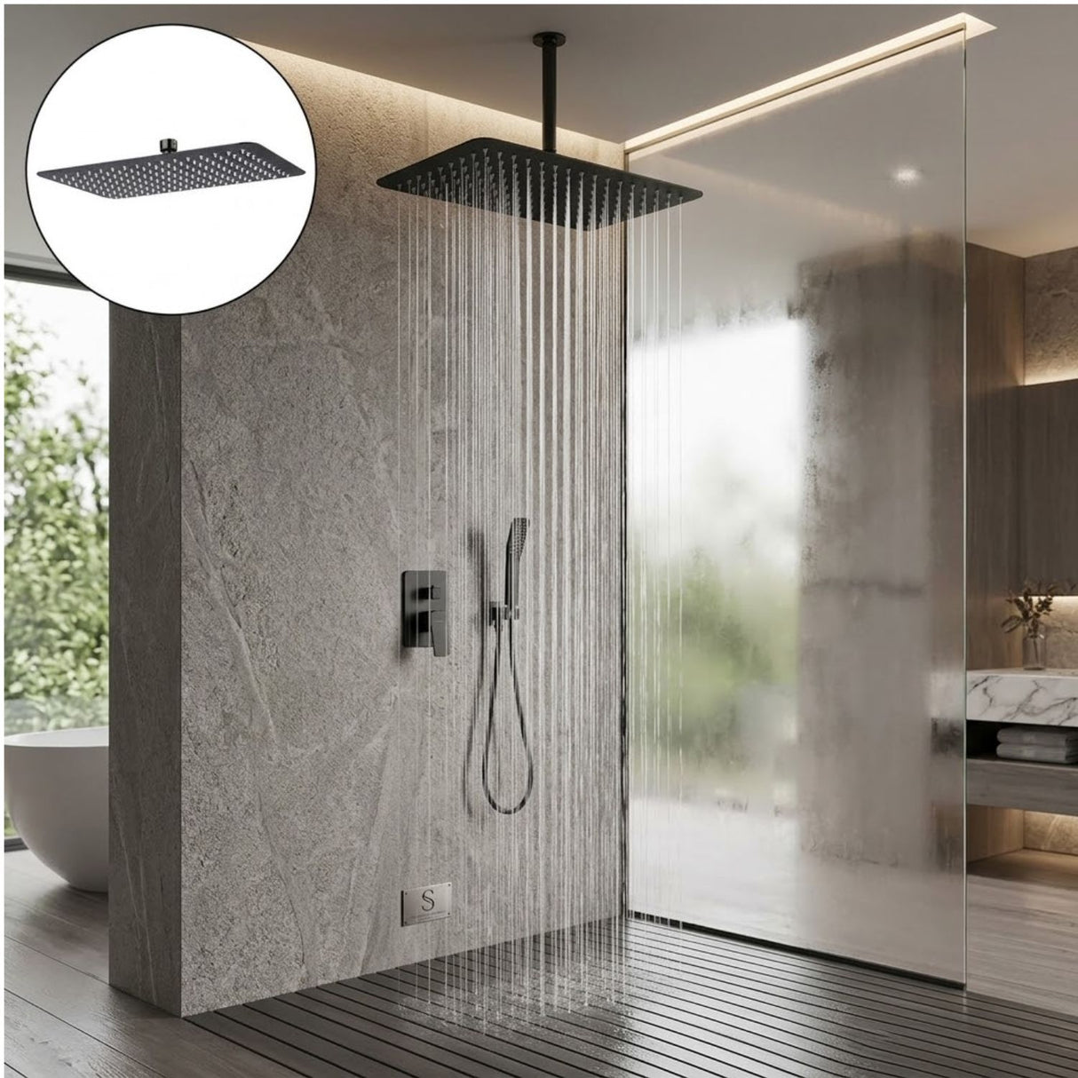 Regadera Rectangular para Ducha Kassel Gunmetal 20 x 30 cm