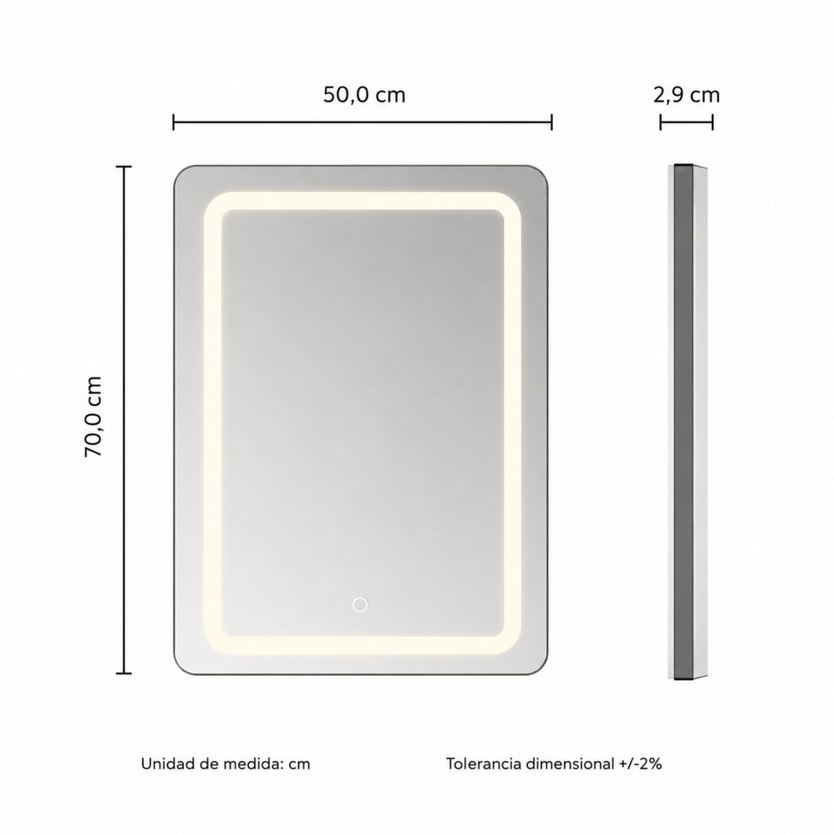 Espejo LED Rectangular 70 x 50 cm Esquinas Redondeadas con Luz de Contorno