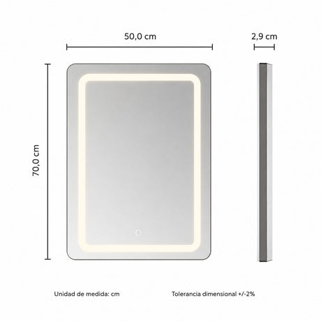 Espejo LED Rectangular 70 x 50 cm Esquinas Redondeadas con Luz de Contorno