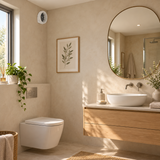 Extractor MAICO E Smile 4 pulgadas instalado en baño de diseño cálido