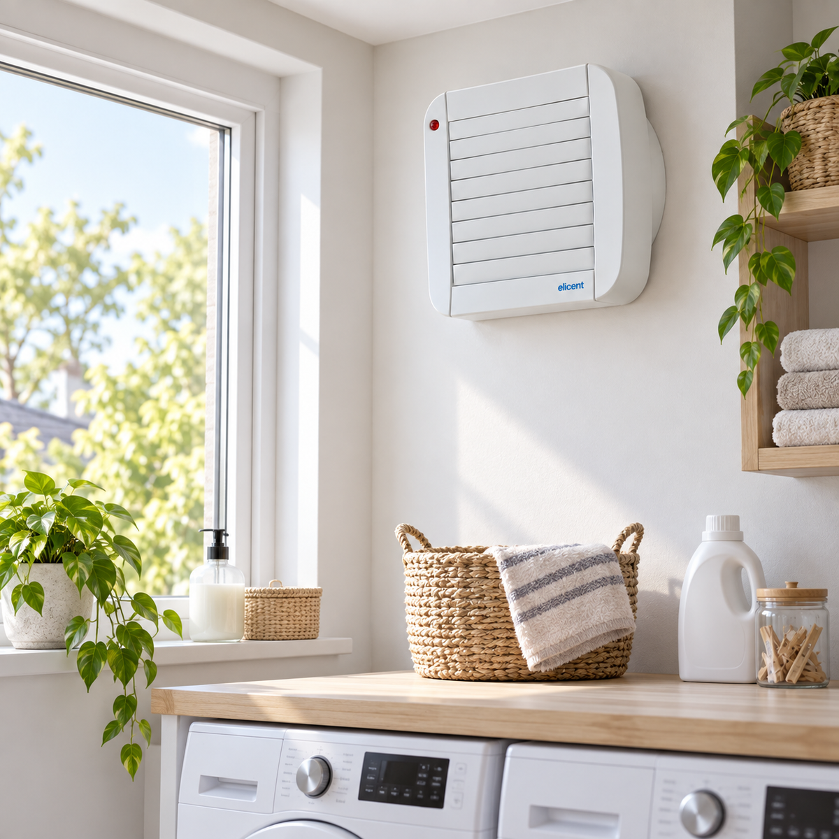 Extractor ECO 100 A instalado en zona de lavado, carcasa rectangular con persiana automática
