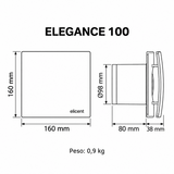 Diagrama de medidas del extractor axial MAICO ELEGANCE 100: frente 160 x 160 mm, conexión Ø98 mm, profundidad 80 mm y D 38 mm