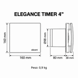 Medidas del extractor ELEGANCE TIMER 4 pulgadas: 160 x 160 mm, conexión Ø98 mm, C 80 mm y D 38 mm