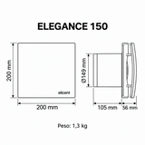 Diagrama de medidas del extractor axial MAICO ELEGANCE 150: frente 200 x 200 mm, conexión Ø149 mm, profundidad 105 mm y D 56 mm
