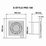 Medidas del extractor E-STYLE PRO 100: 160 x 160 x 95 mm, conexión Ø98 mm