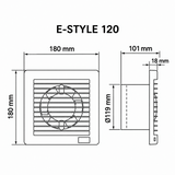 Diagrama de medidas del extractor de aire MAICO E-STYLE 120: 180 x 180 x 101 mm, conexión Ø119 mm
