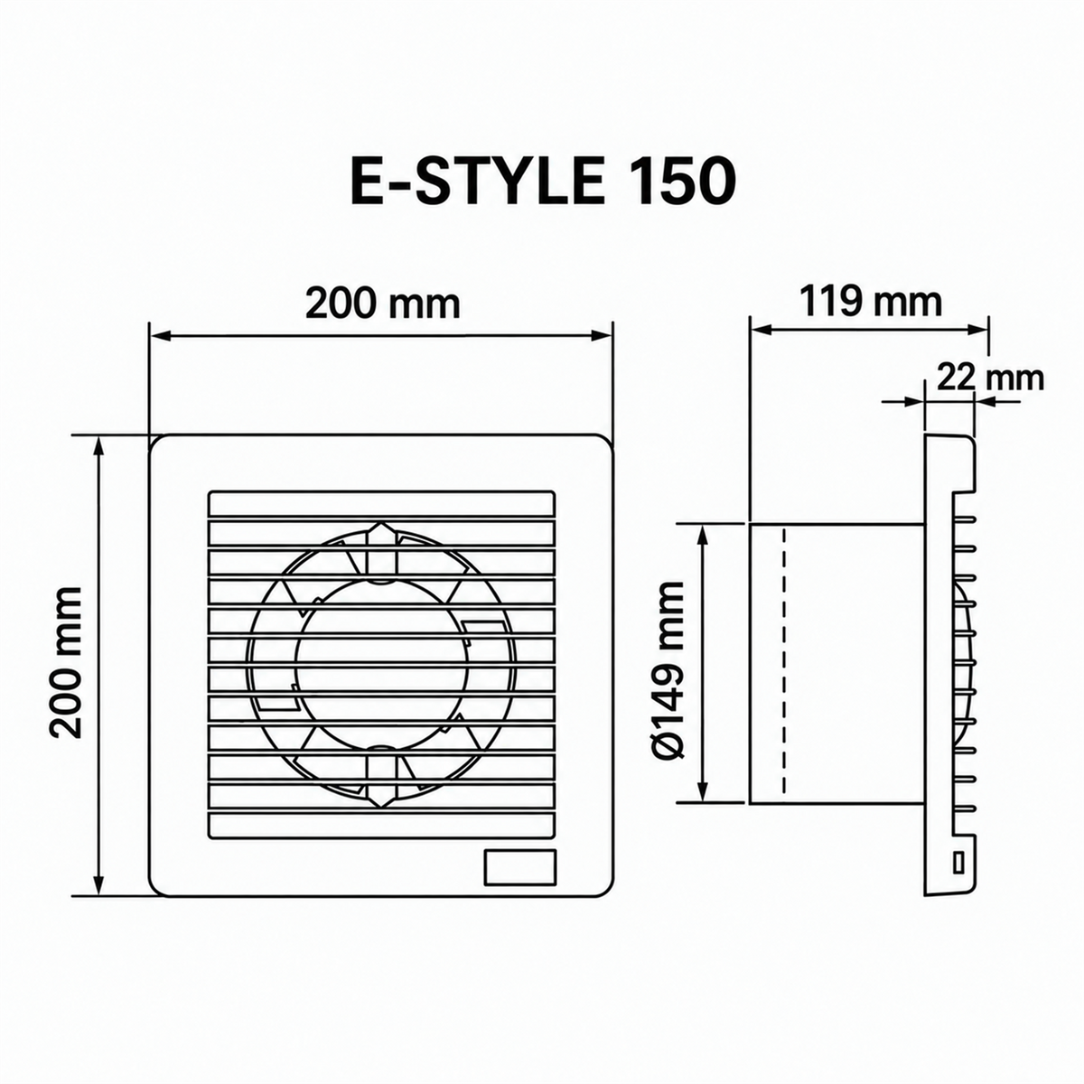 Diagrama de medidas del extractor de aire MAICO E-STYLE 150: 200 x 200 x 119 mm, conexión Ø149 mm