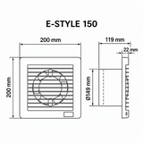 Diagrama de medidas del extractor de aire MAICO E-STYLE 150: 200 x 200 x 119 mm, conexión Ø149 mm