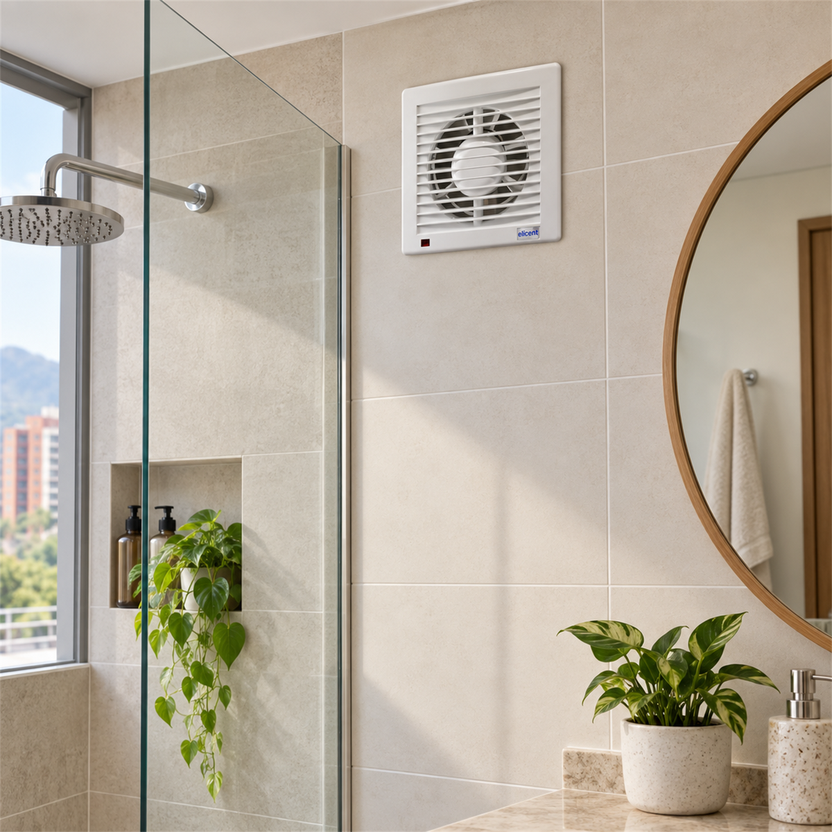 Extractor de aire E-STYLE TIMER 4 pulgadas instalado en baño moderno