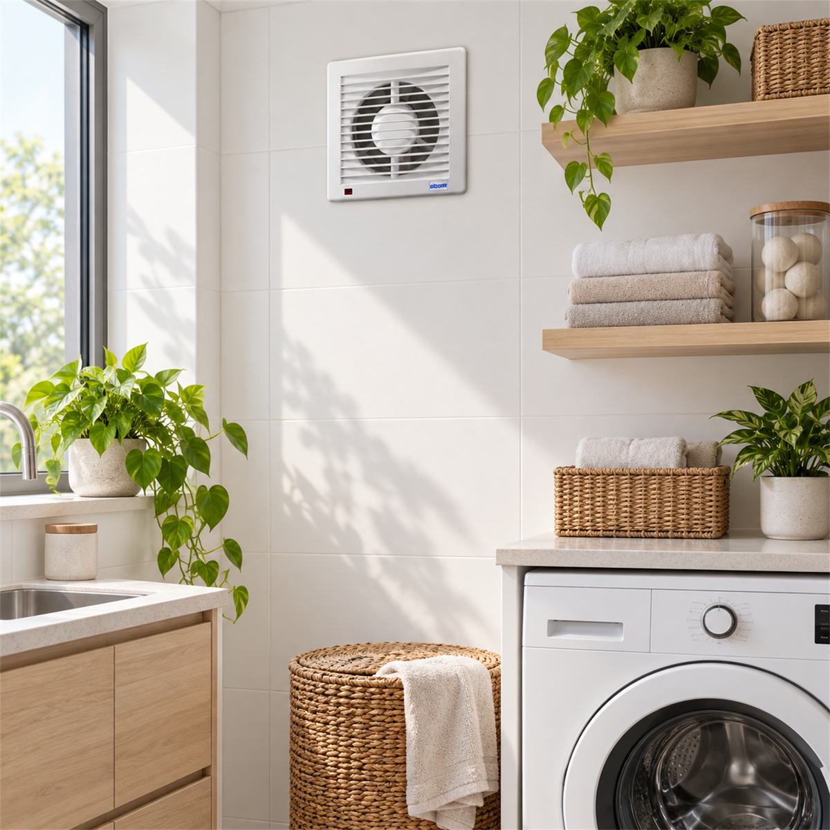 Extractor de aire E-STYLE TIMER 4 pulgadas instalado en zona de lavado