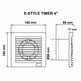 Medidas del extractor E-STYLE TIMER 4 pulgadas: 160 x 160 x 95 mm, conexión Ø98 mm