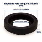 Medidas oficiales del empaque ETS: diámetro exterior 95 mm, interior 53 mm y espesor 28 mm