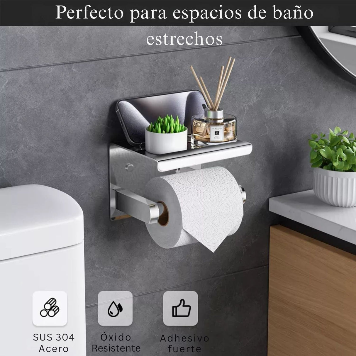 Porta Rollo con Soporte para Celular - Cromado en Acero Inoxidable SUS 304